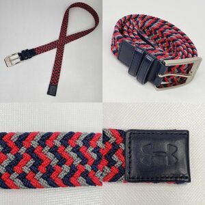Under Armour Mens Belt Red Navy Woven Stretch Leather Tab XL OS Adjustable Golf